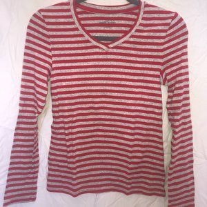 Eddie Bauer Grey/Red Striped V-neck shirt